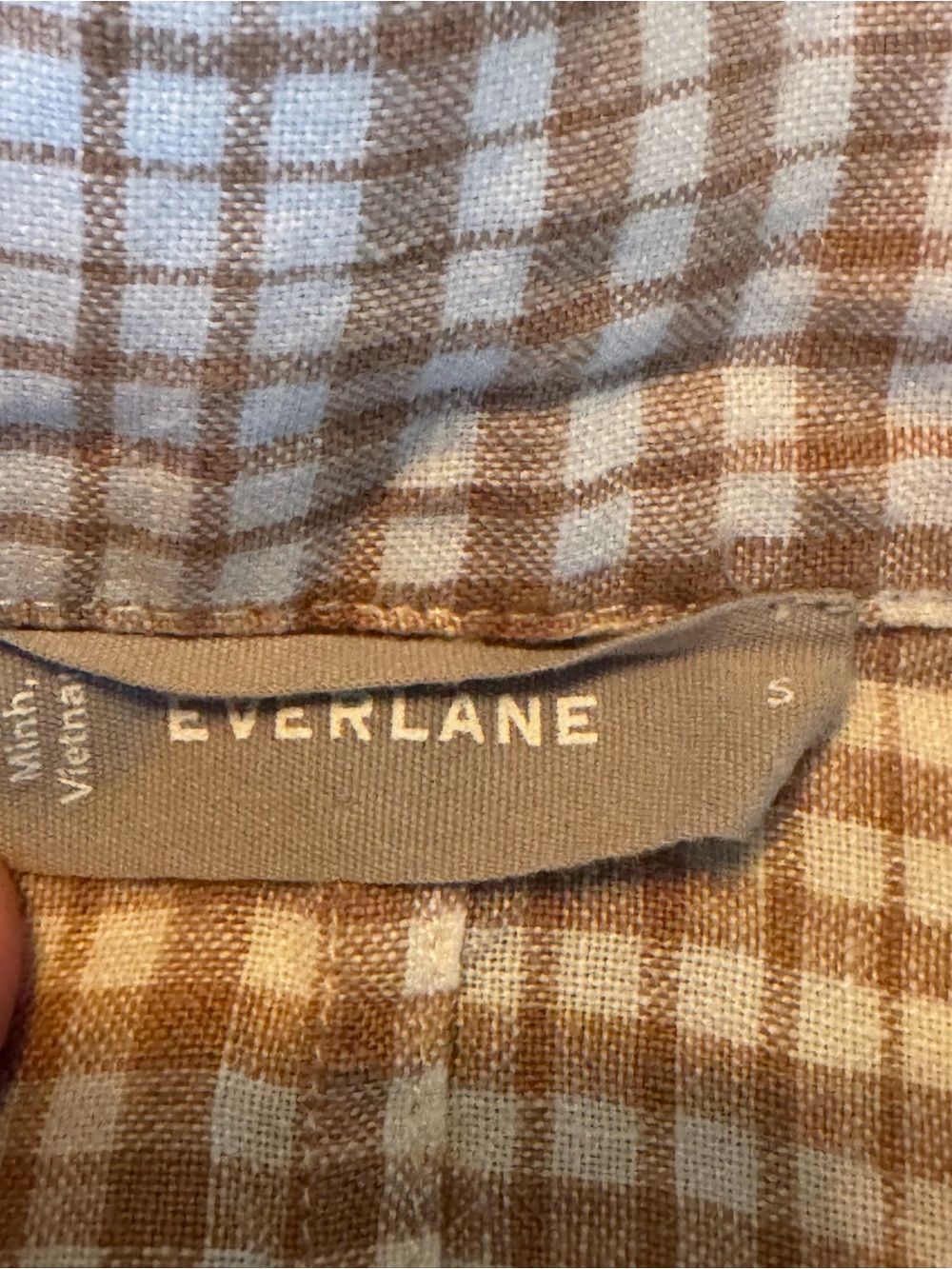 Everlane Linen Short-Sleeve Checked Button-Up Top - Tan White small - Picture 7 of 8